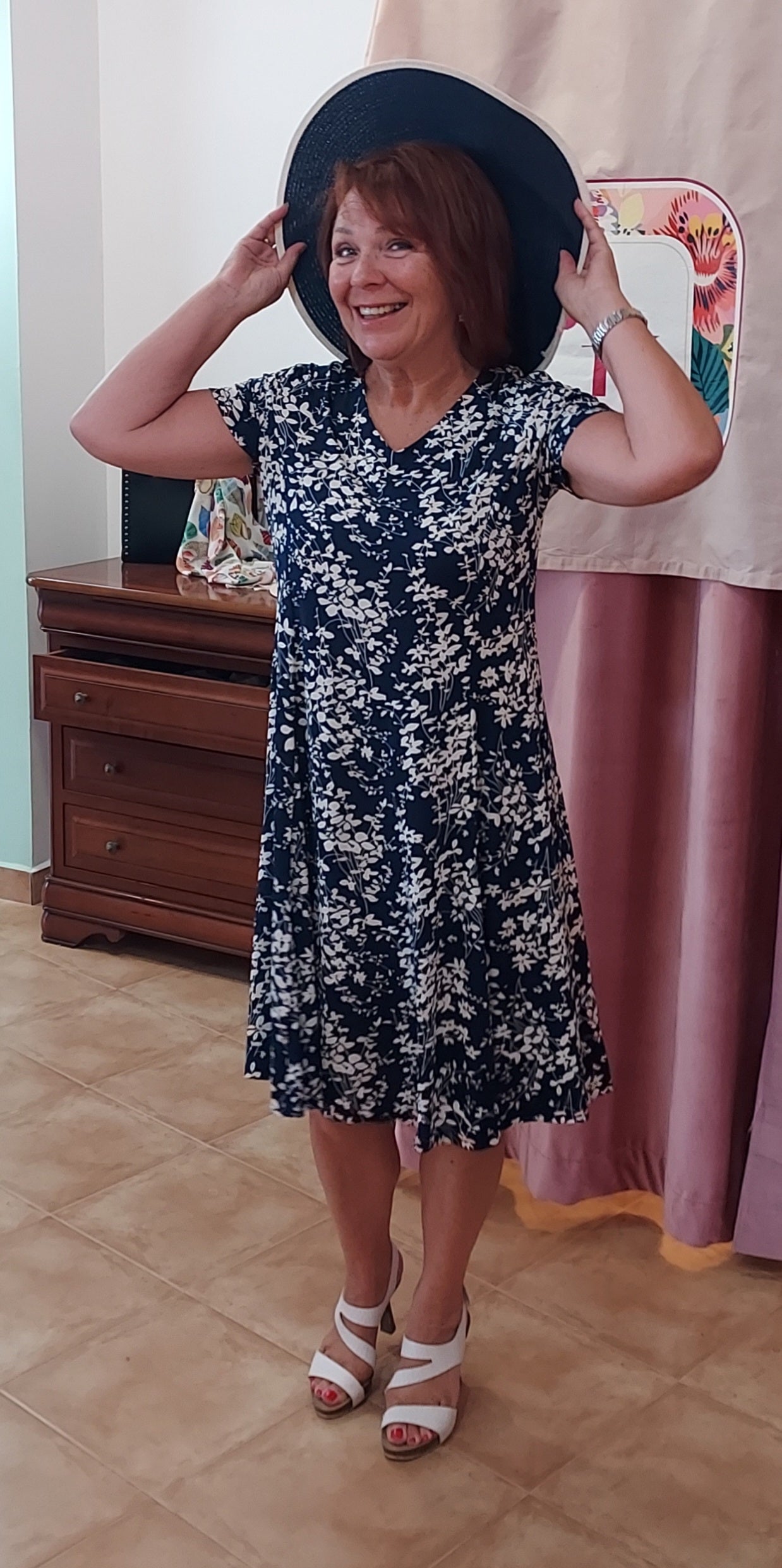 Fit and flare navy and white dress