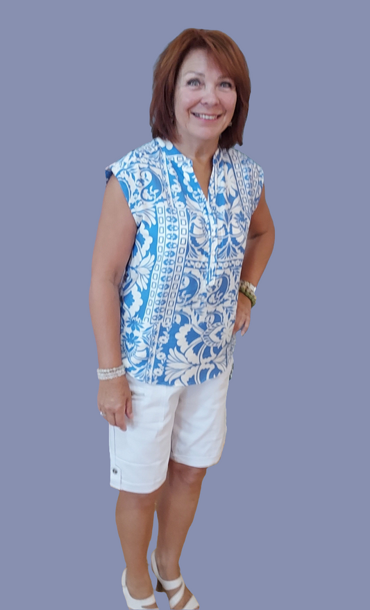 blue and white sleeveless cotton top