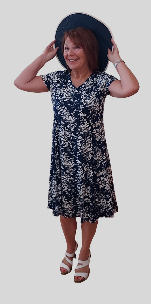 Fit and flare navy and white dress