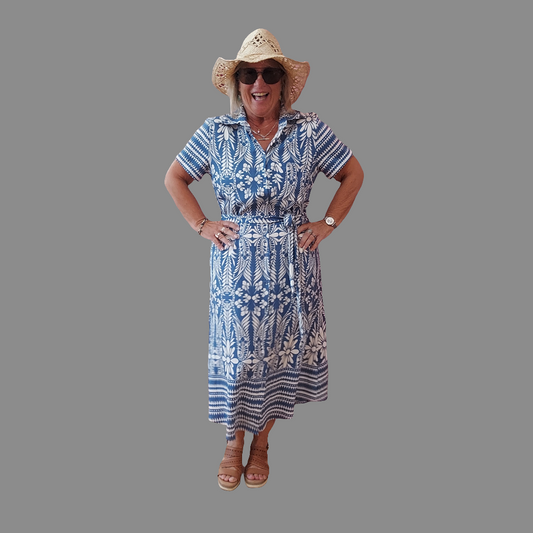 Allysa blue and white print shirt dress