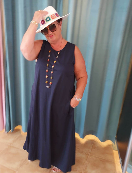 ADET round neck sleeveless navy long dress with pockets  2XL *