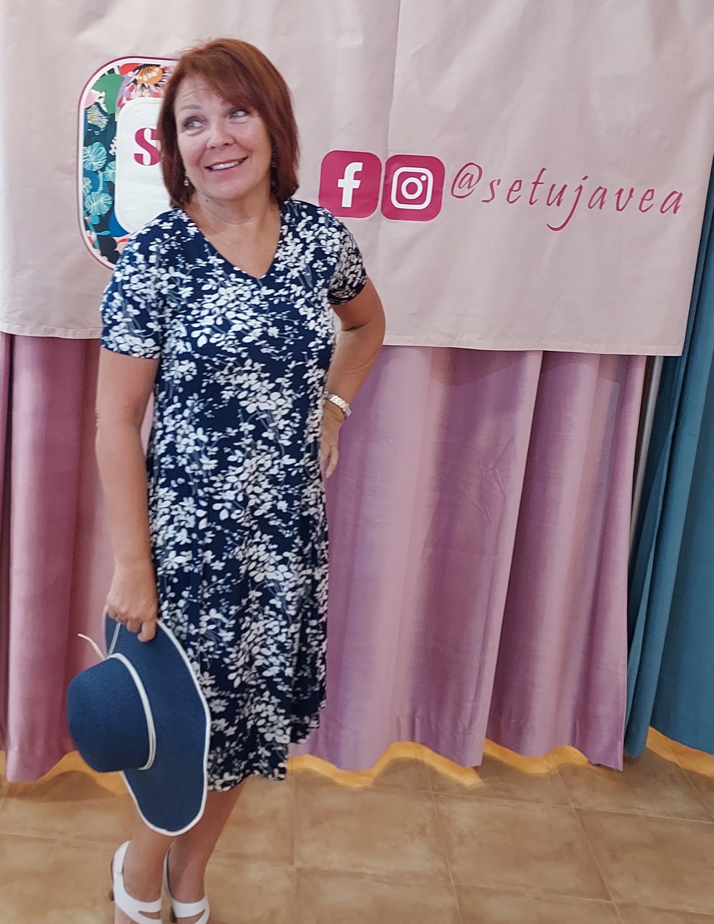 Fit and flare navy and white dress