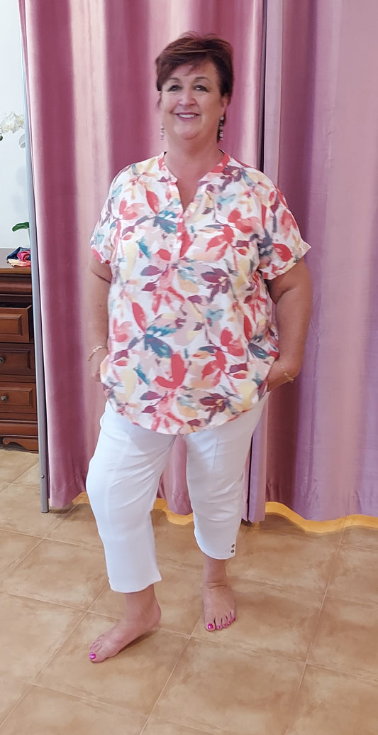 Flores abstract pink floral short sleeve top