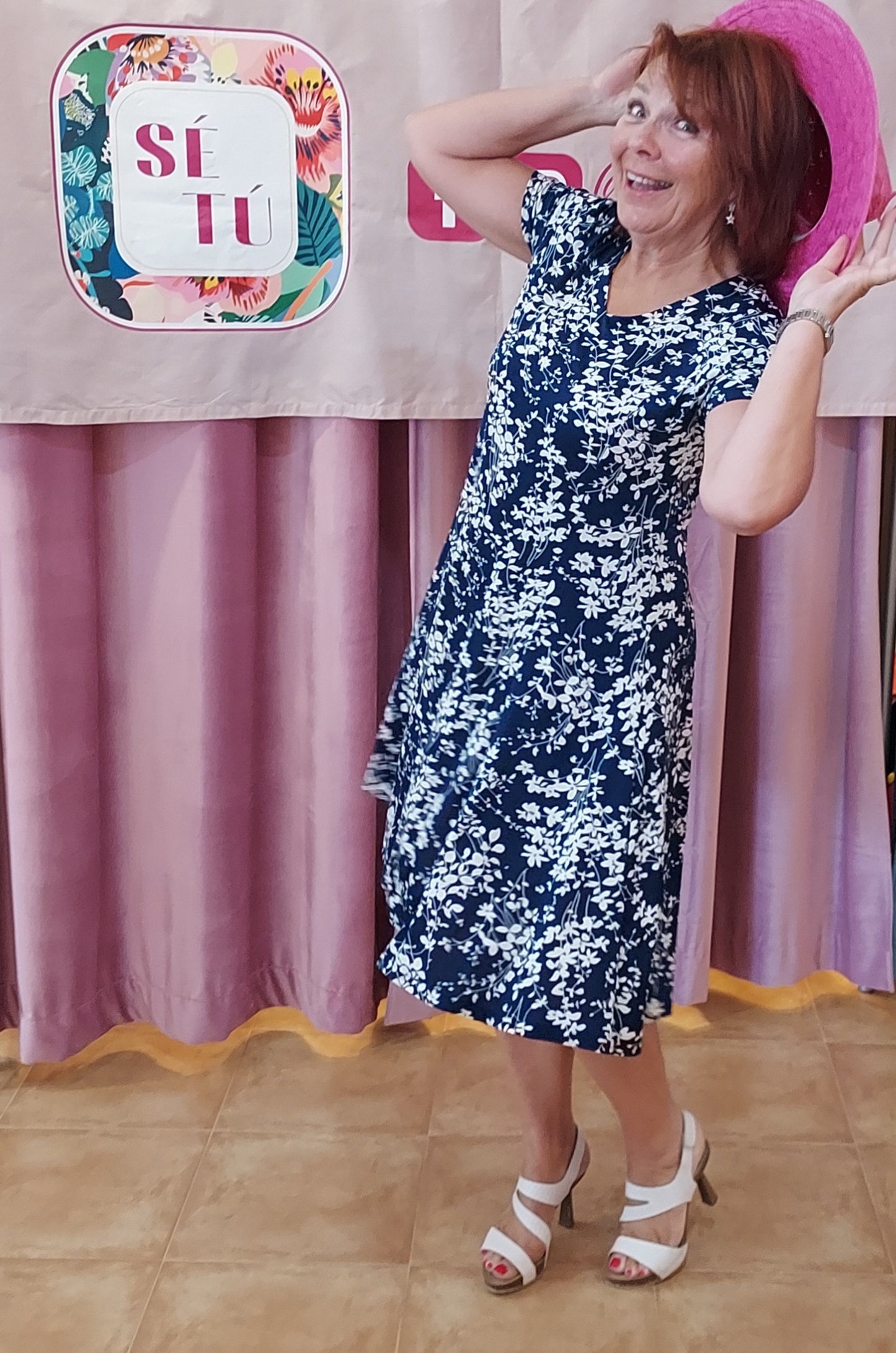 Fit and flare navy and white dress